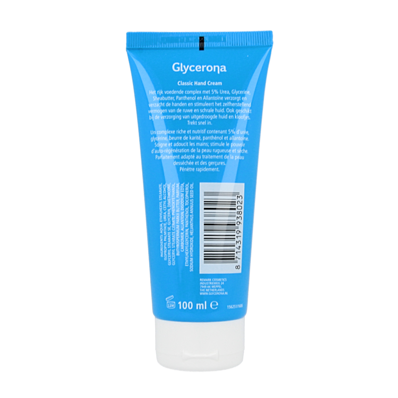 Glycerona hand cream in a classic 100ml tube, moisturizing hand care product with gentle formula for soft, smooth hands.