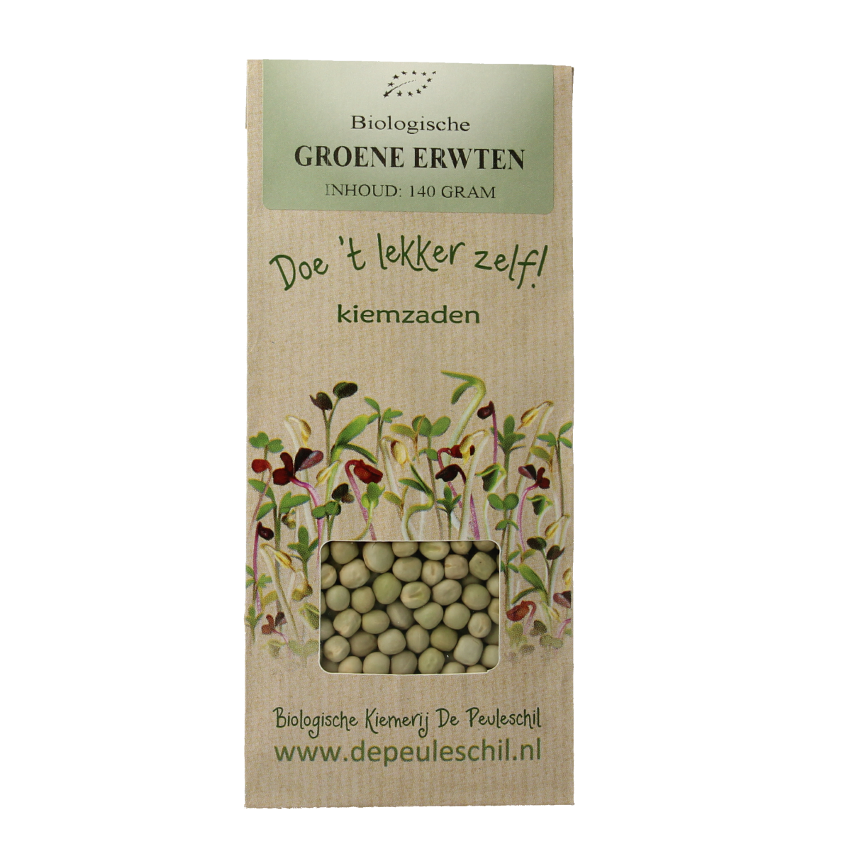 Organic green peas from Peuleschil in 140g package, fresh and vibrant, suitable for cooking or snacking.
