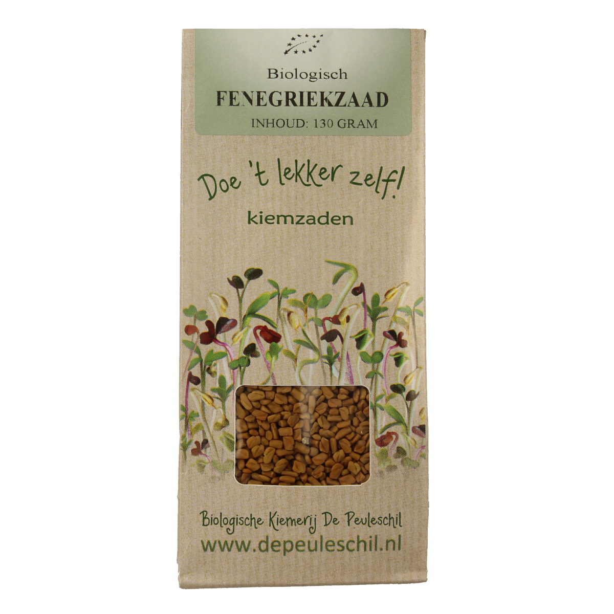 Organic Fenegriek (Fenugreek) sprout seeds by Peuleschil in a 130g package, shown in a clear seed packet.