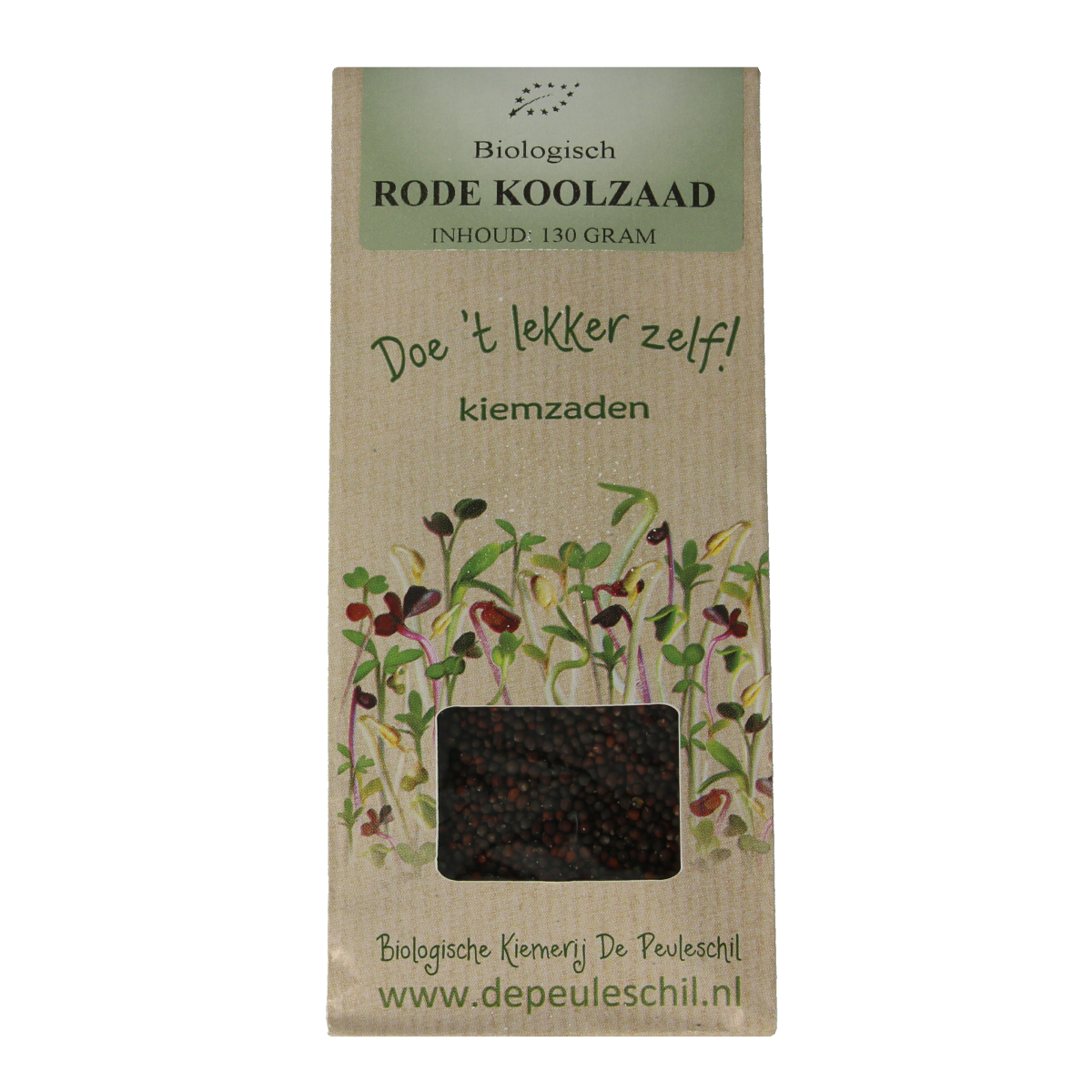 Raw red cabbage seeds from Peuleschil, organic superfood in a 130g package, shown in the image.