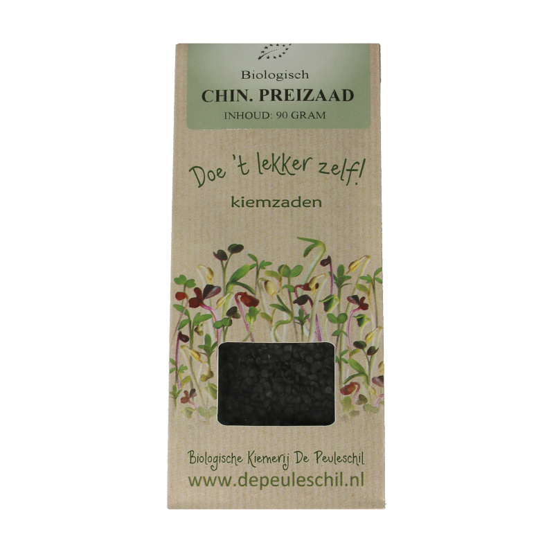 Organic Peuleschil Chinese preizaad potatoes in a 90g package, with fresh potatoes and vegetables visible in the image.