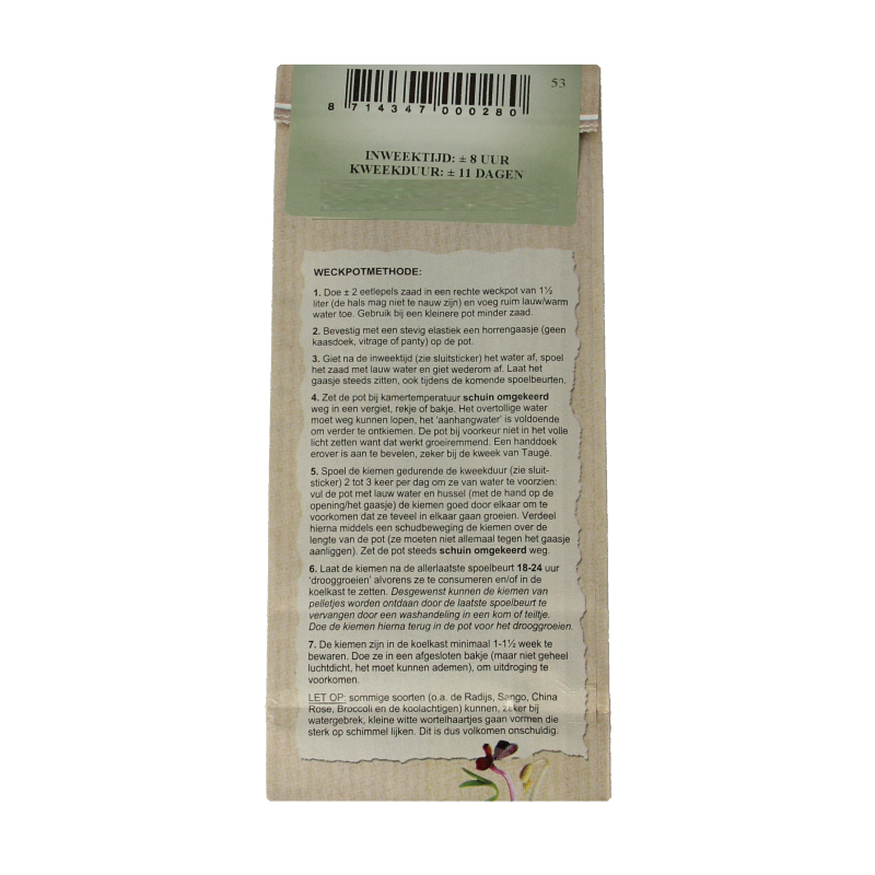 Peuleschil Chinese preizaad bio, 90g, showing fresh, organic potatoes and vegetables in a clear package.