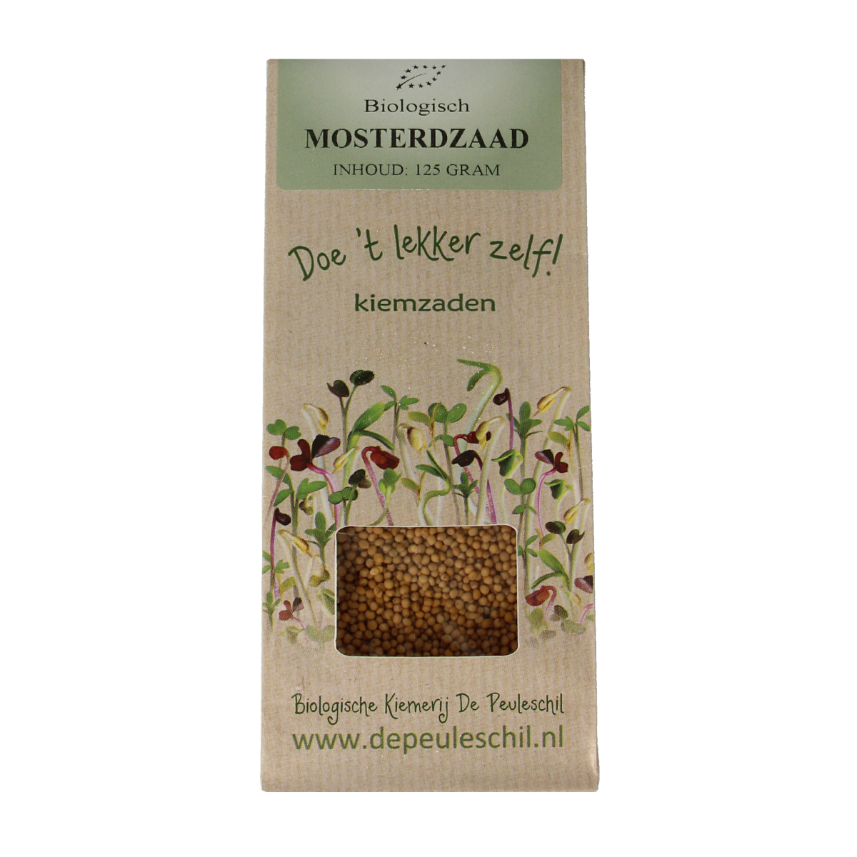 Organic Peuleschil Mustard Seed in 135g container, used as a sauce and flavoring ingredient, shown in a clear image.