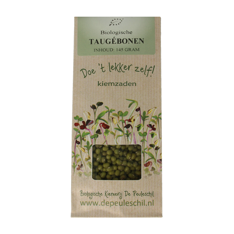 Organic Peuleschil Taugebonen in 145g package, fresh green bean pods for cooking or snacking.