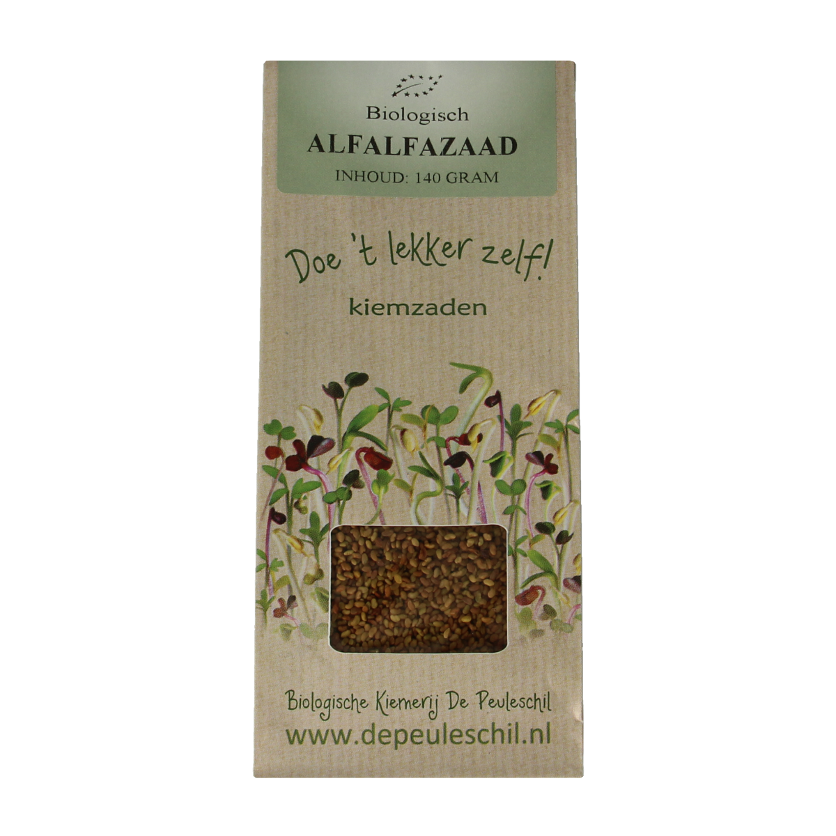 Organic Peuleschil Alfalfazaad in 140g package, fresh green alfalfa sprouts for salads and garnishes.