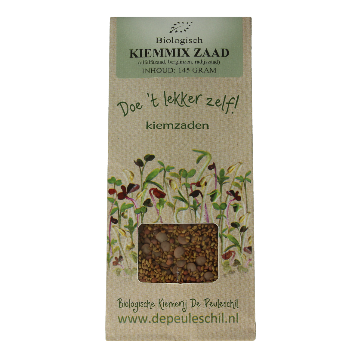 Organic Peuleschil Kiemmixzaad in 145g package, a mix of sprouting seeds for gardening or health purposes.