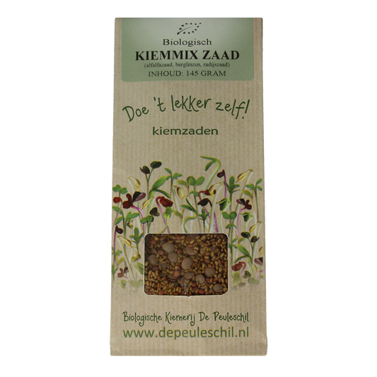 Organic Peuleschil Kiemmixzaad in 145g package, a mix of sprouting seeds for gardening or health purposes.