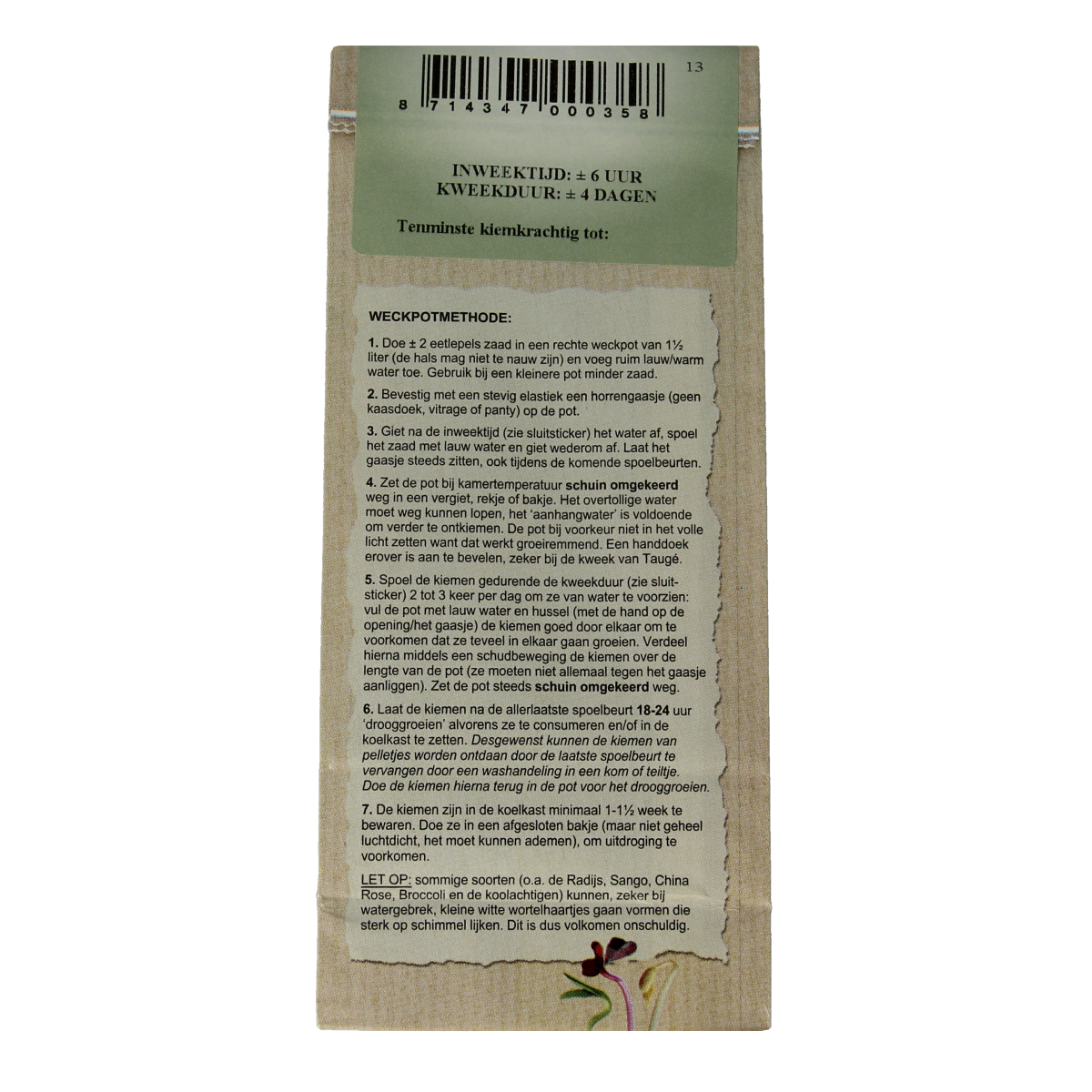 Organic Peuleschil Kiemmixzaad in 145g package, a mix of sprouting seeds, suitable for growing vegetables and greens.