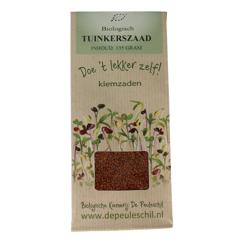 Organic Peuleschil Tuinkerszaad seed packet with 135 grams for growing garden tinker herbs and vegetables.
