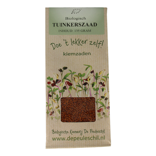 Organic Peuleschil Tuinkerszaad seed packet with 135 grams for growing garden tinker herbs and vegetables.