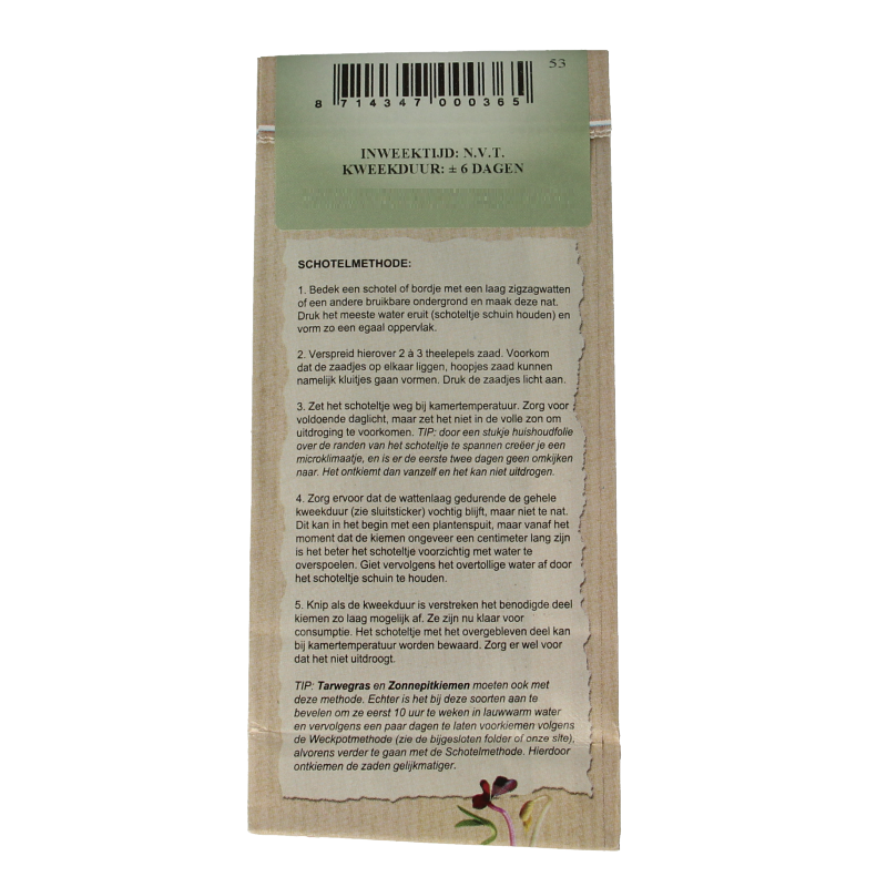 Organic Peuleschil garden cress seed packet, 135g for growing fresh greens and vegetables at home.