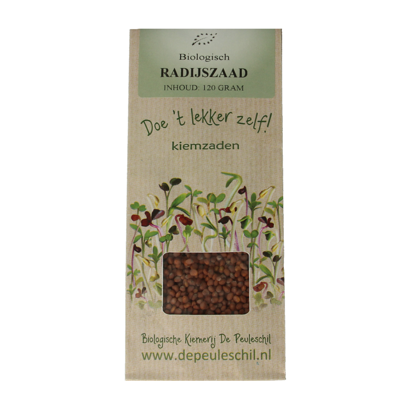 Organic radish seed packet from Peuleschil, 130 grams, used for growing radishes in vegetable gardens.
