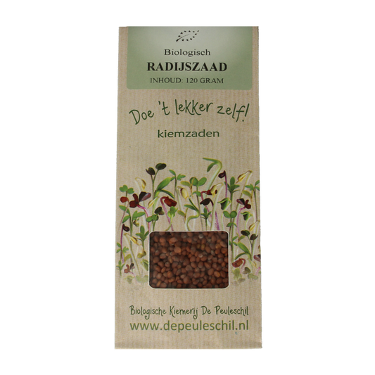 Organic radish seed packet from Peuleschil, 130 grams, used for growing radishes in vegetable gardens.