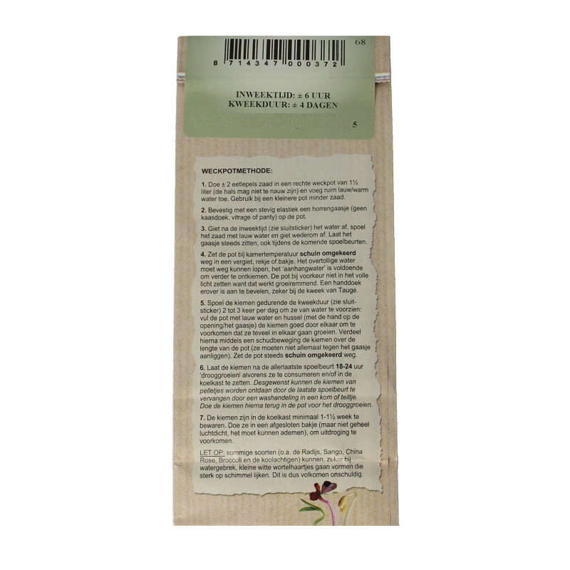 Organic radish seed packet by Peuleschil, 130 grams, featuring colorful radish illustrations on the packaging.