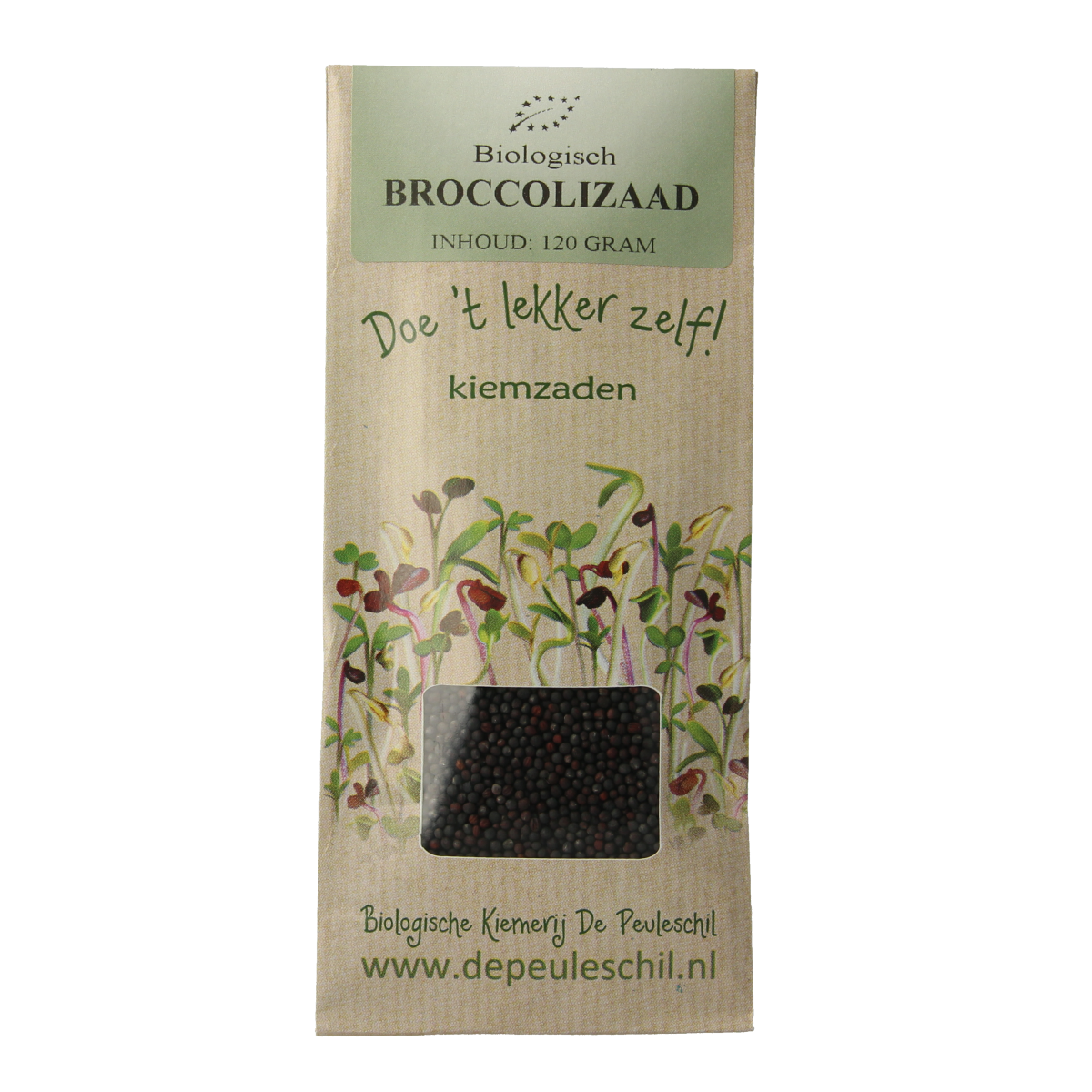 Organic Peuleschil broccoli seed in 115g package, fresh green broccoli sprouts for planting or eating.