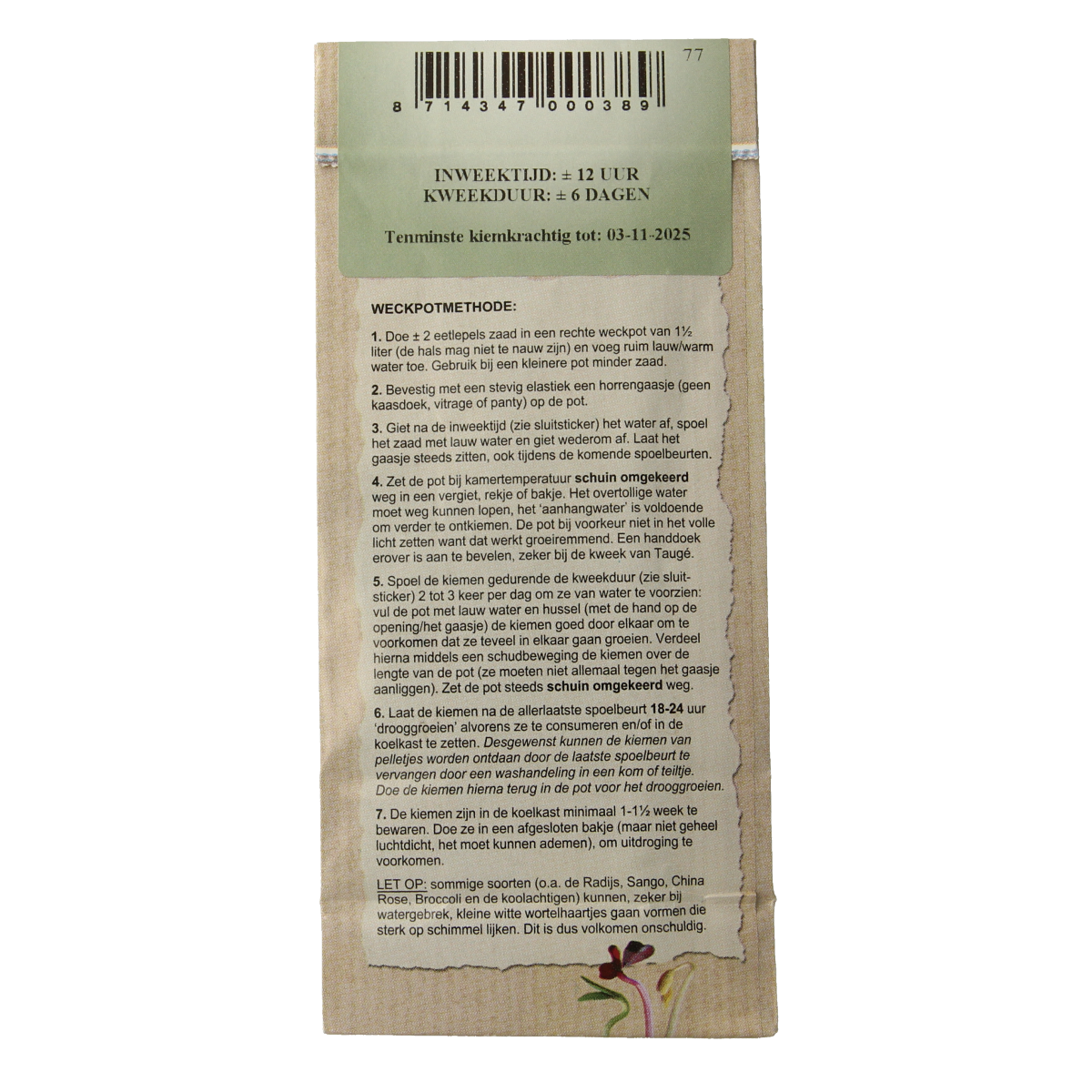Organic broccoli seed from Peuleschil, 115 grams, fresh green broccoli sprouting in a natural setting.