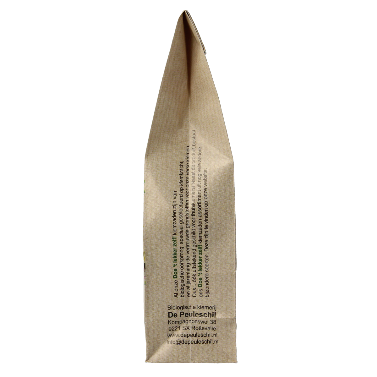Organic broccoli seed by Peuleschil, 115 grams, fresh green broccoli sprouts in a clear packet.