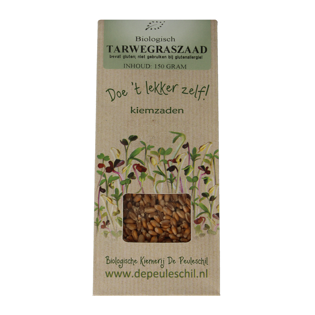 Organic Peuleschil wheatgrass seeds in a 150g package, suitable for growing fresh wheatgrass at home.