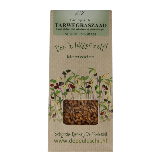 Organic Peuleschil wheatgrass seeds in a 150g package, suitable for growing fresh wheatgrass at home.