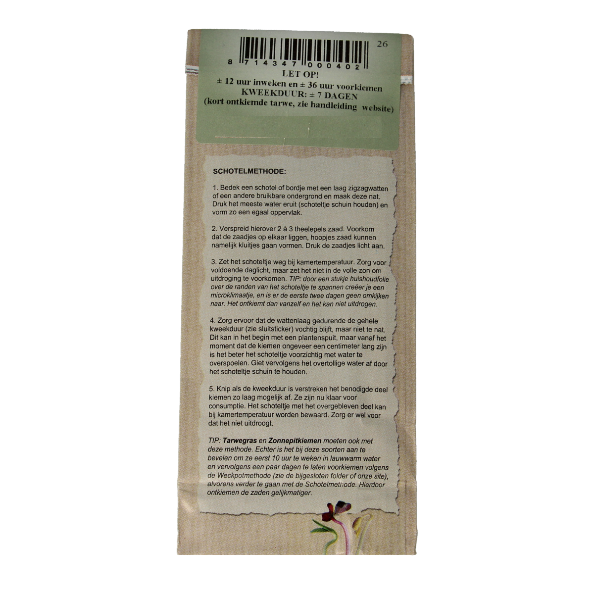 Organic Peuleschil wheatgrass seed in a 150g package, ideal for growing fresh wheatgrass for healthy juices and smoothies.