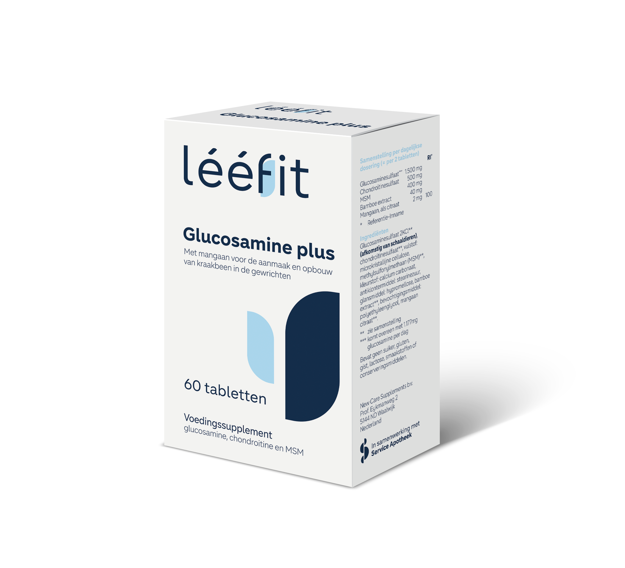 Leefit Glucosamine Plus mineral supplements in a bottle of 60 tablets, designed to support joint health and mobility