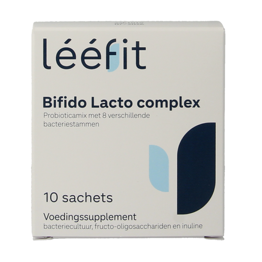 Leefit Bifido Lacto Complex probiotic sachets featuring micro-organismen for digestive health, with 10 sachets in the package.