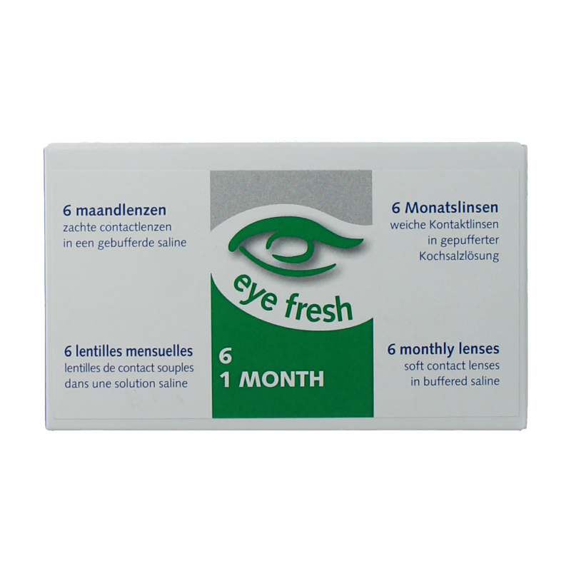 Eyefresh Maandlenzen -2.50 contact lenses in a box of six, optiek brand, with clear packaging showing the lenses.