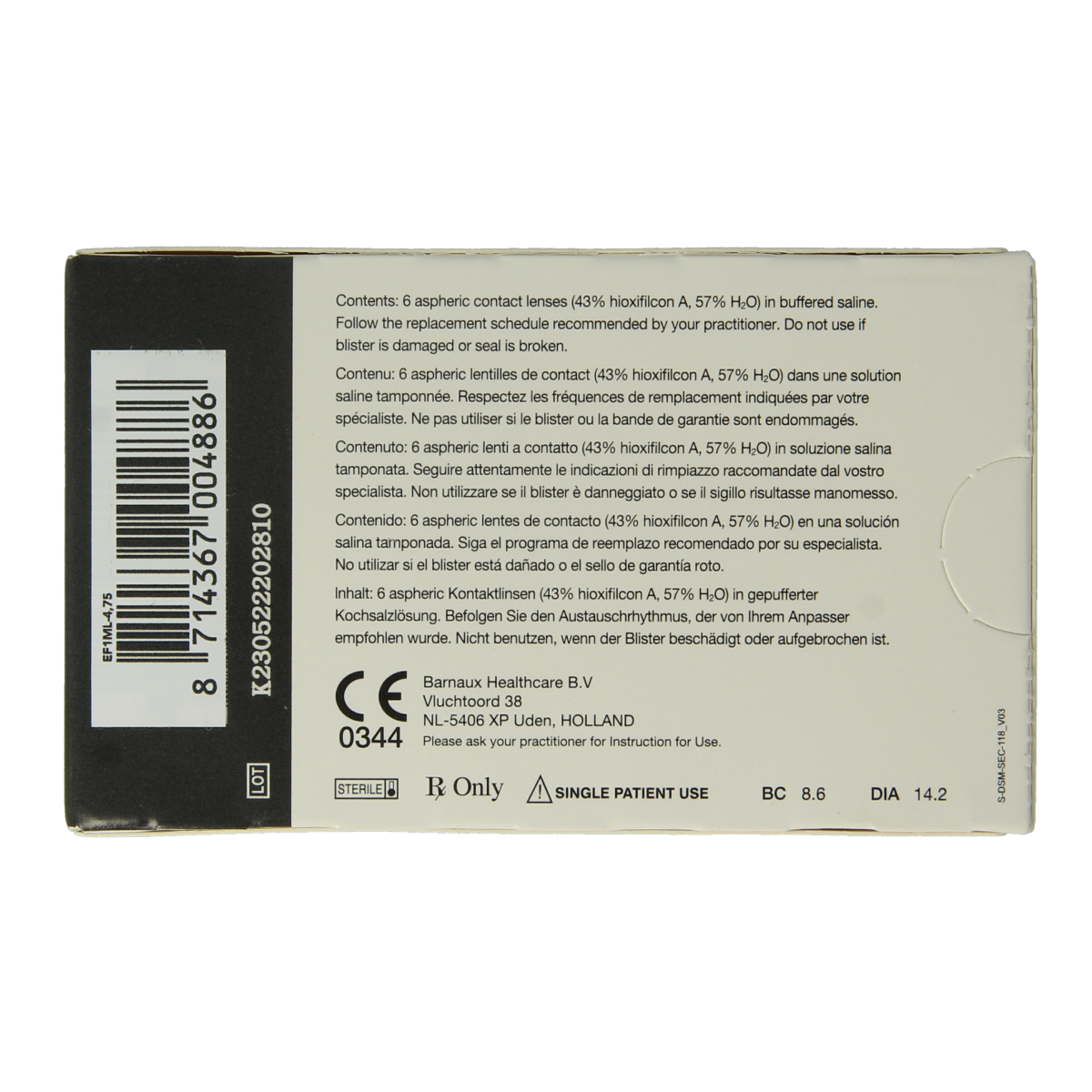 Eyefresh contact lenses in -4.75 diopters, 6-pack, with clear packaging showing the lenses inside for eye vision correction.