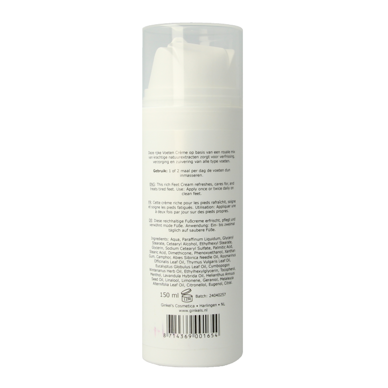 Ginkel's Voetencreme in 150ml tube, a foot care product with a close-up of the tube showing the label and packaging.