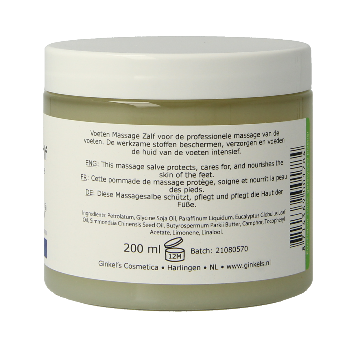 Ginkel's Voeten massagezalf in 200ml tube, foot care product for soothing and nourishing foot skin.
