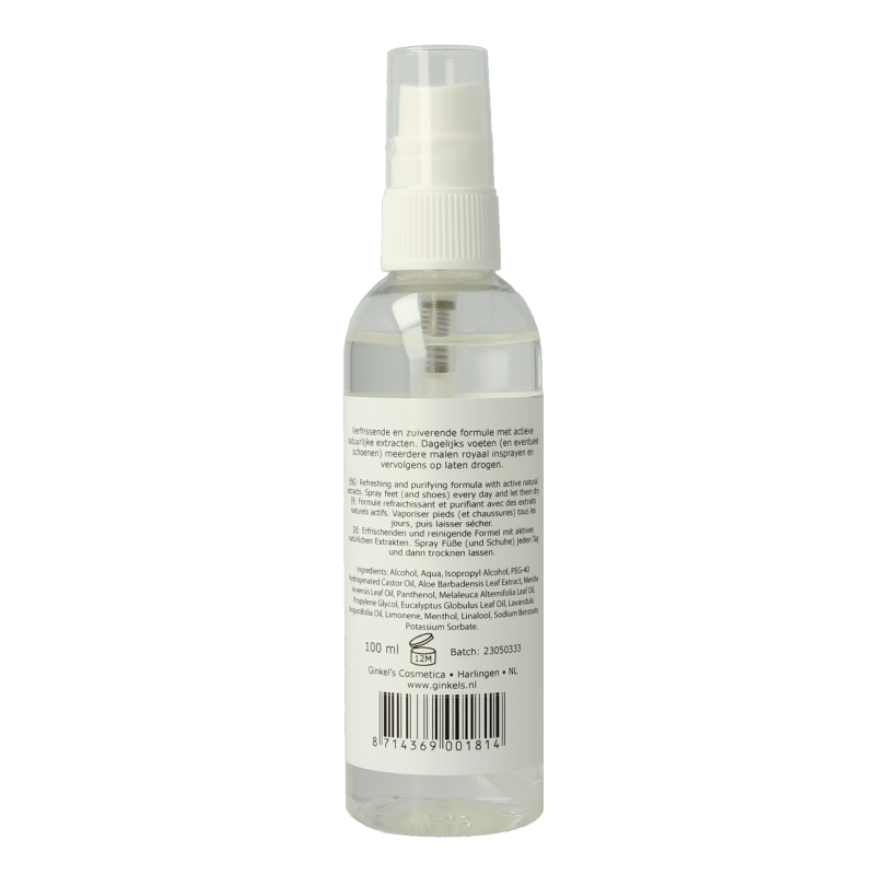 Ginkel's Zweetvoetenspray 100ml, foot care spray for sweat and odor control, with a clear spray nozzle and white packaging.
