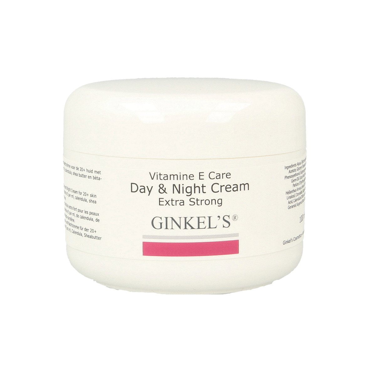 Ginkel's Vitamine E crème extra sterk for facial skincare, 100ml jar with smooth texture and bright packaging.