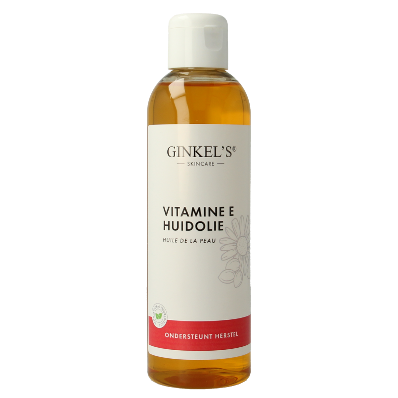 Ginkel's Vitamine E huidolie in 200ml bottle, natural body care product with vitamin E for nourishing skin.