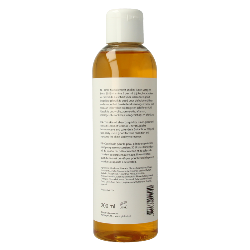Ginkel's Vitamine E huidolie in 200ml bottle, natural body care product with Vitamin E for skin nourishment.