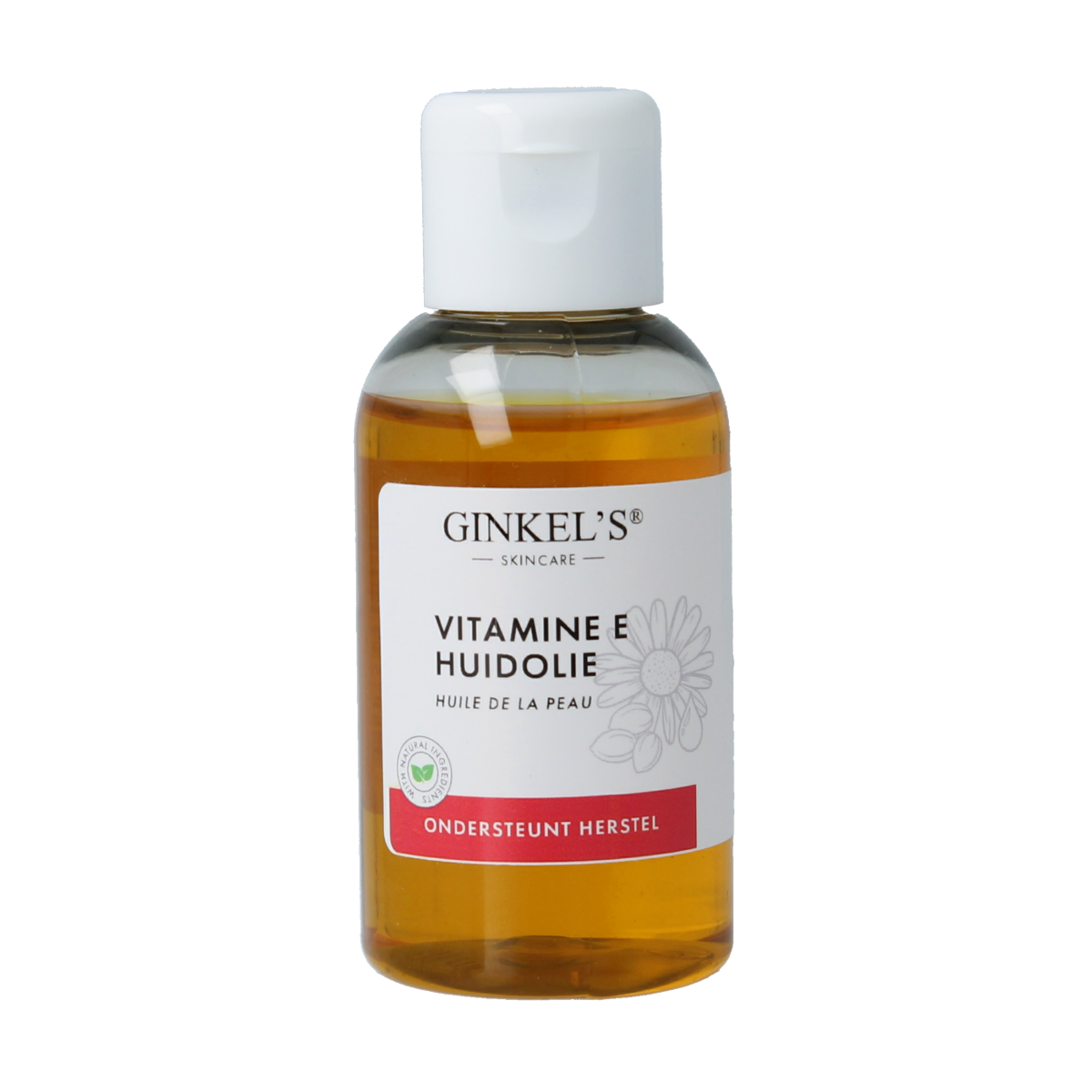 Ginkel's Vitamine E huidolie in 50ml bottle, soothing body skincare with nourishing vitamin E, shown in clear container with dropper