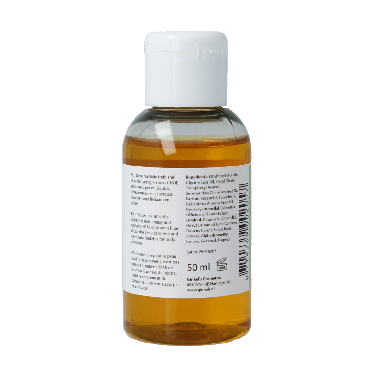 Ginkel's Vitamine E huidolie in 50ml bottle, natural body care product with vitamin E for nourishing skin.