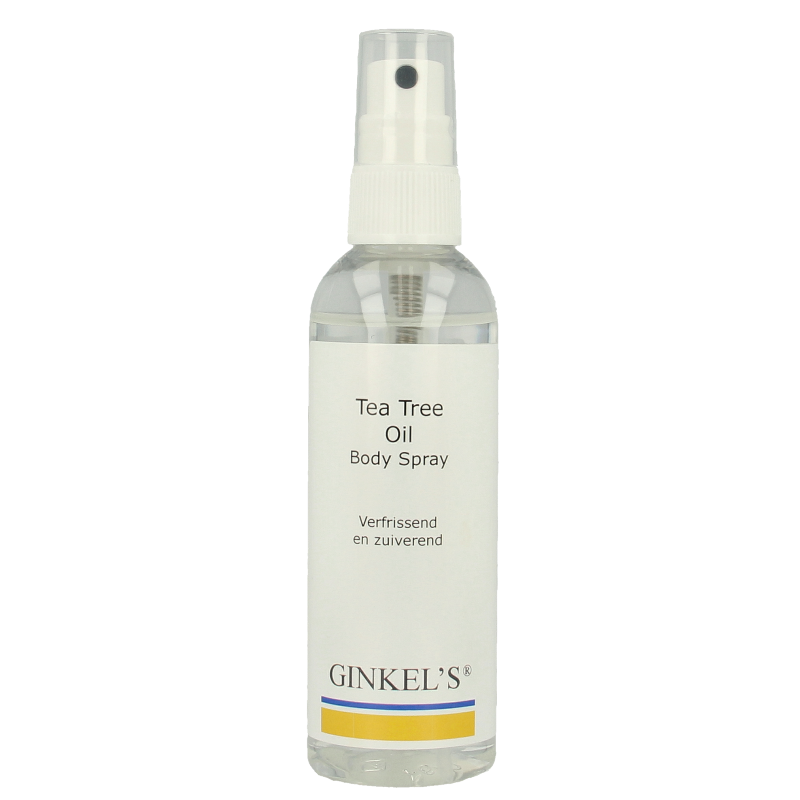 Ginkel's Tea Tree Spray for body care, 100ml, featuring clear spray bottle with tea tree oil for refreshing skin treatment.