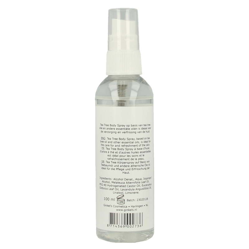 Ginkel's Tea Tree Spray 100ml for body care, featuring a spray bottle with a green label and transparent liquid inside.