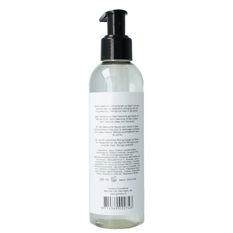 Ginkel's Tea Tree Face Wash bottle, 200ml, natural facial cleansing product with tea tree for clear skin.
