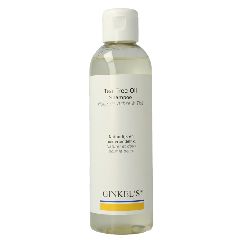 Ginkel's Tea Tree Shampoo bottle, 200ml, for hair care, with green label and cap, on a white background.