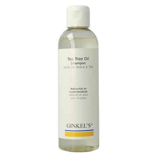 Ginkel's Tea Tree Shampoo bottle, 200ml, for hair care, with green label and cap, on a white background.