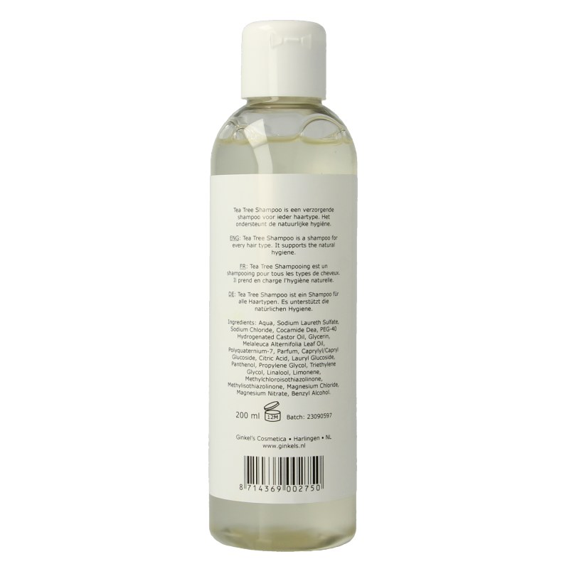 Ginkel's tea tree shampoo bottle, 200ml, for hair care with natural tea tree ingredients, shown in the image.