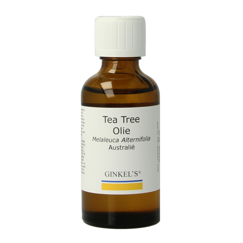 Ginkel's Tea Tree Oil from Australia in a 50ml bottle, natural essential oil with green tea leaves and amber glass bottle.