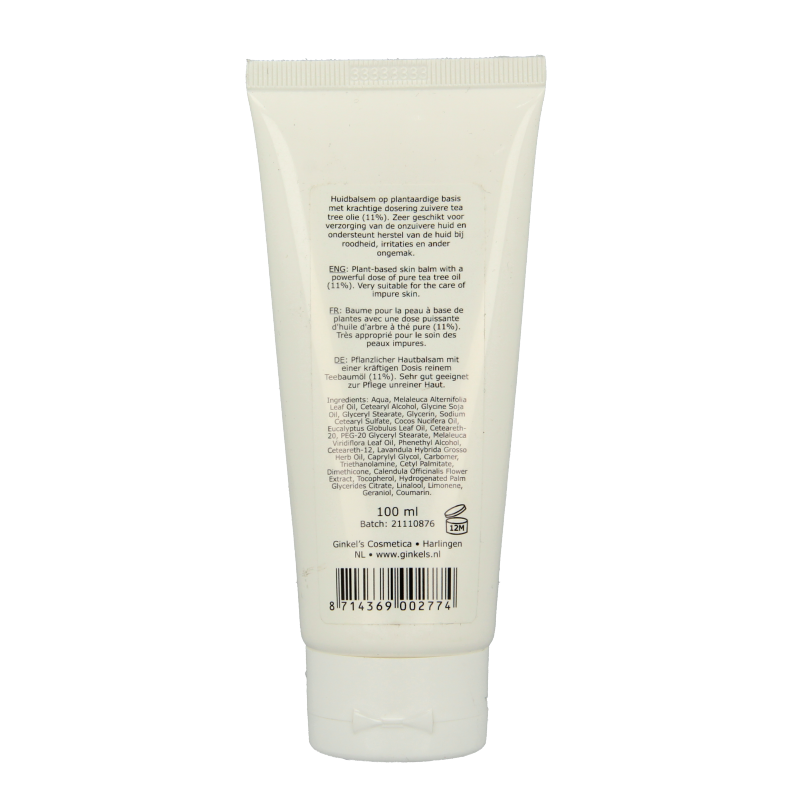 Ginkel's Tea Tree Balm Strong 100ml, natural body care product with tea tree extract, shown in a clear container.