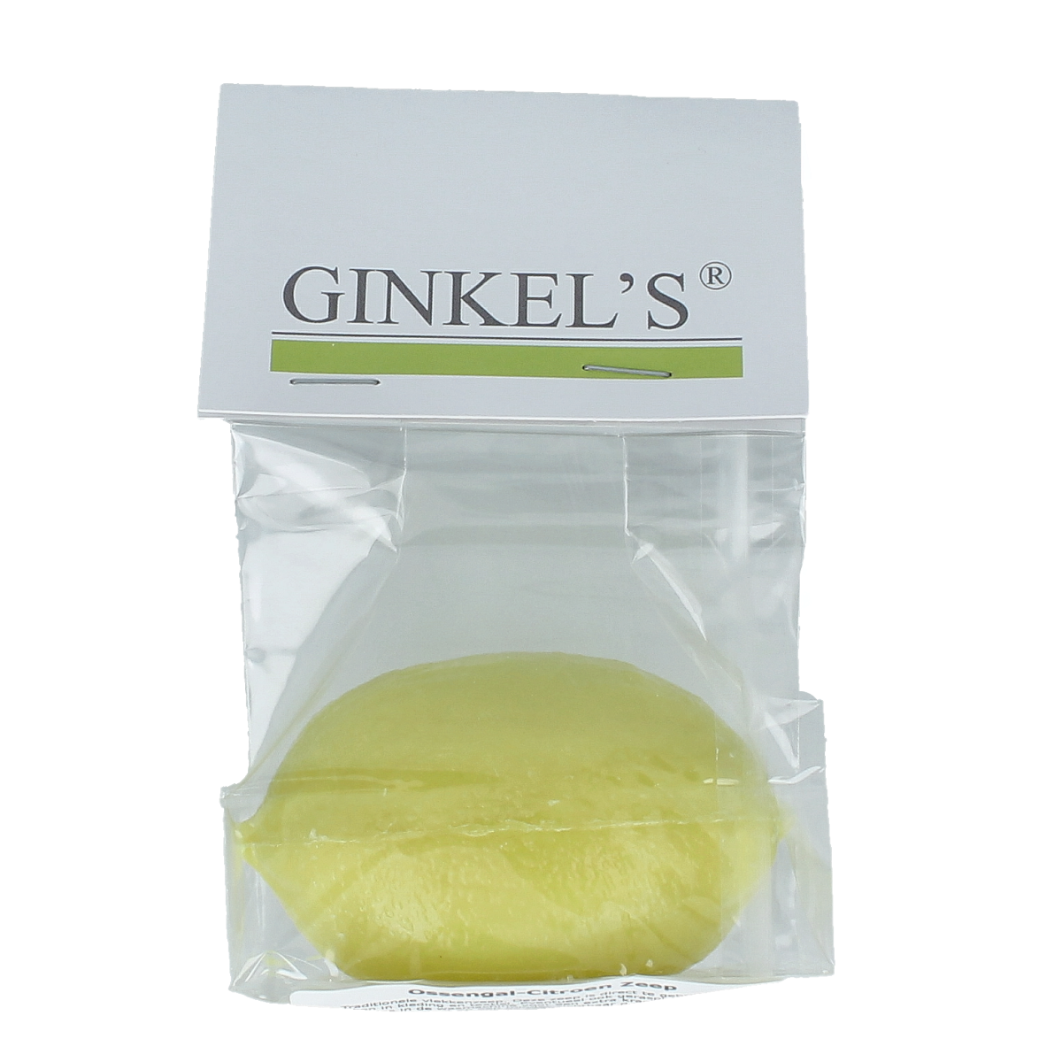 Ginkel's Ossengal citroen zeep in 100g bar, featuring yellow soap with citrus scent and textured surface for cleansing and skincare.