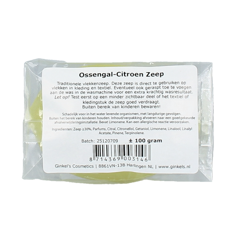 Ginkel's Ossengal citroen zeep in a 100 gram bar, natural soap with citrus scent, displayed on a white background.