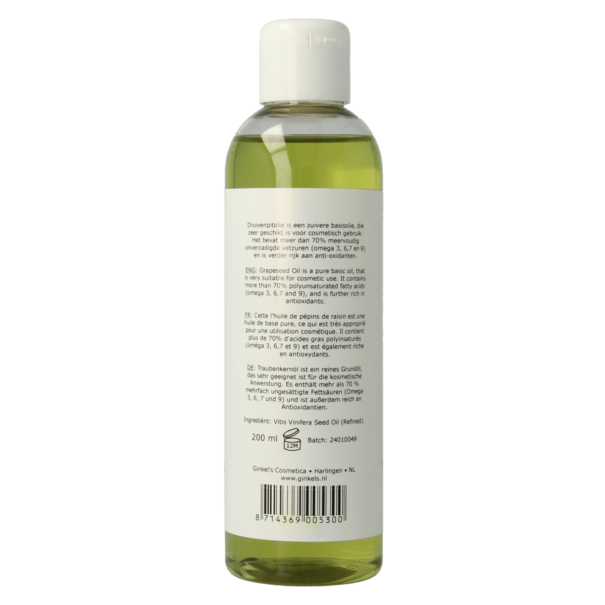 Ginkel's Druivenpitolie body care bottle, 200ml, natural grape seed oil for skin nourishment, shown in the image.