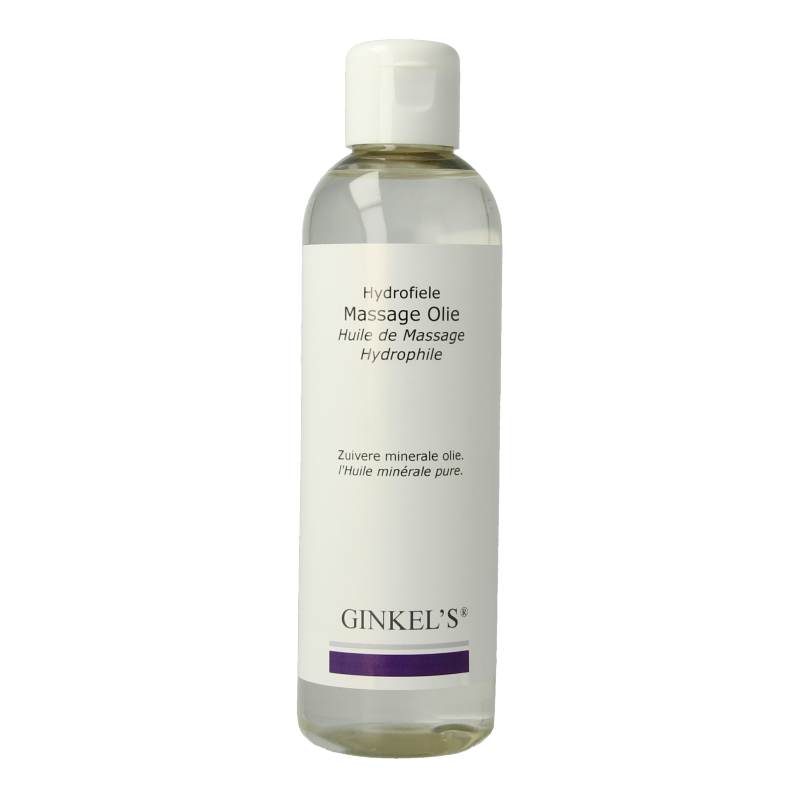Ginkel's Hydrofiele massageolie 200ml in a clear bottle, ideal for body care and relaxing massages.