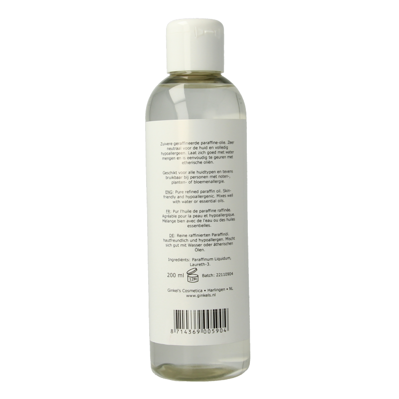 Ginkel's Hydrofiele massageolie in a 200ml bottle, a gentle body care product for soothing massage and skin hydration.
