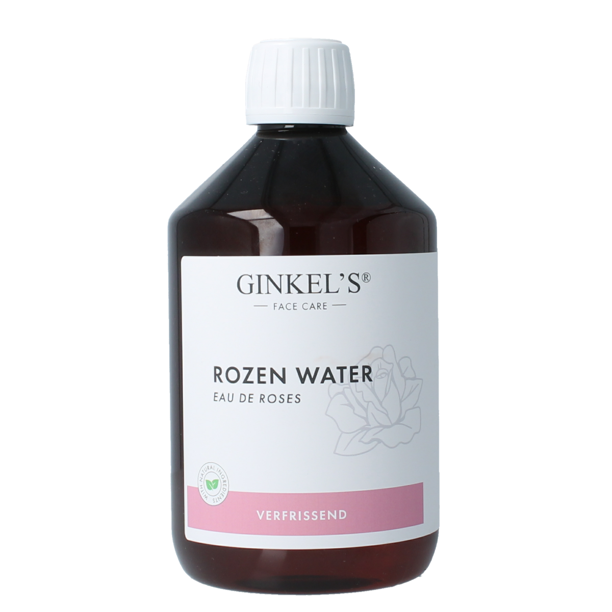 Ginkel's Rozenwater facial mist in a 500ml bottle, natural skincare product for refreshing and hydrating skin.